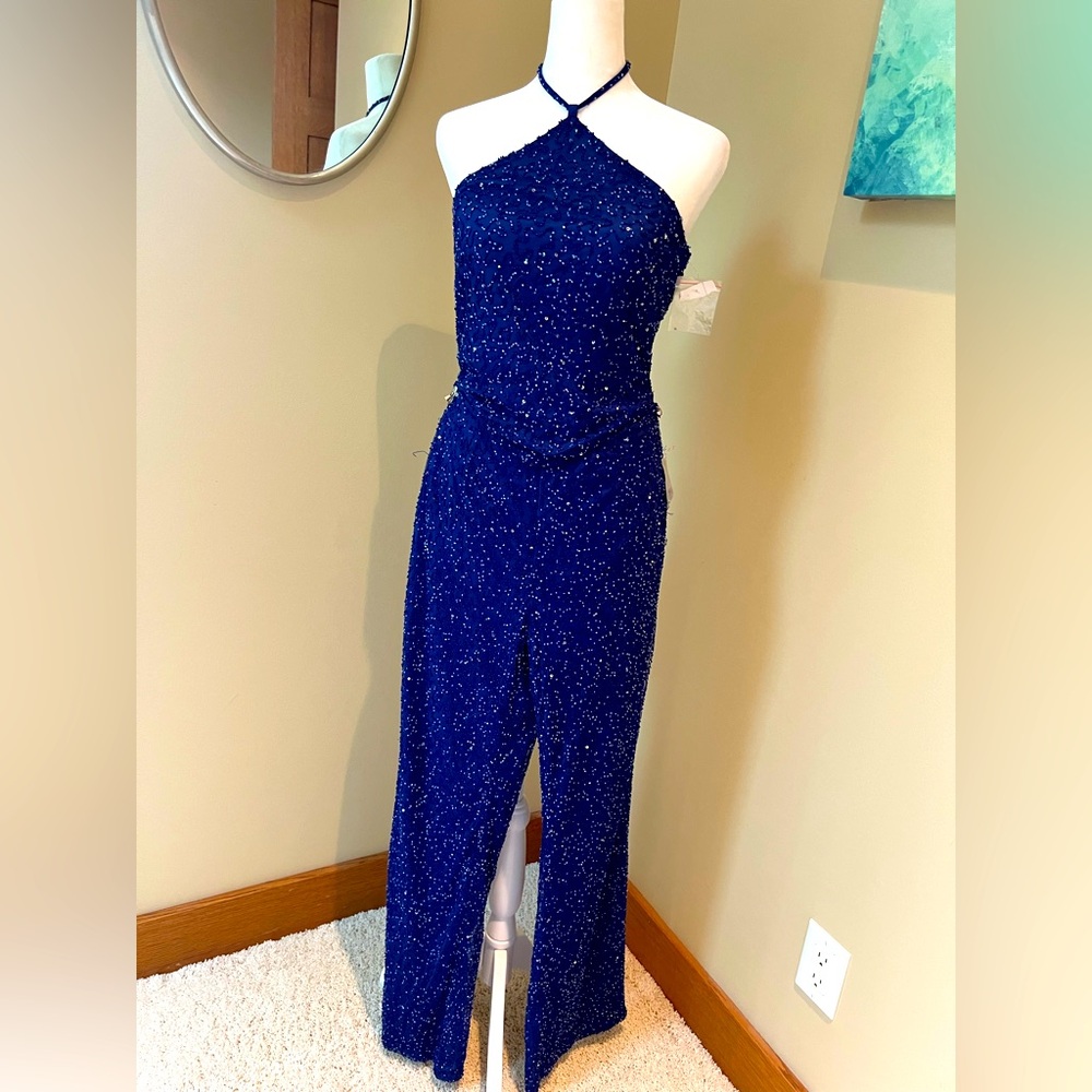 Vintage Cristall Collection 3 Piece Beaded Silk Halter Pantsuit Boot Cut 💙 Glam